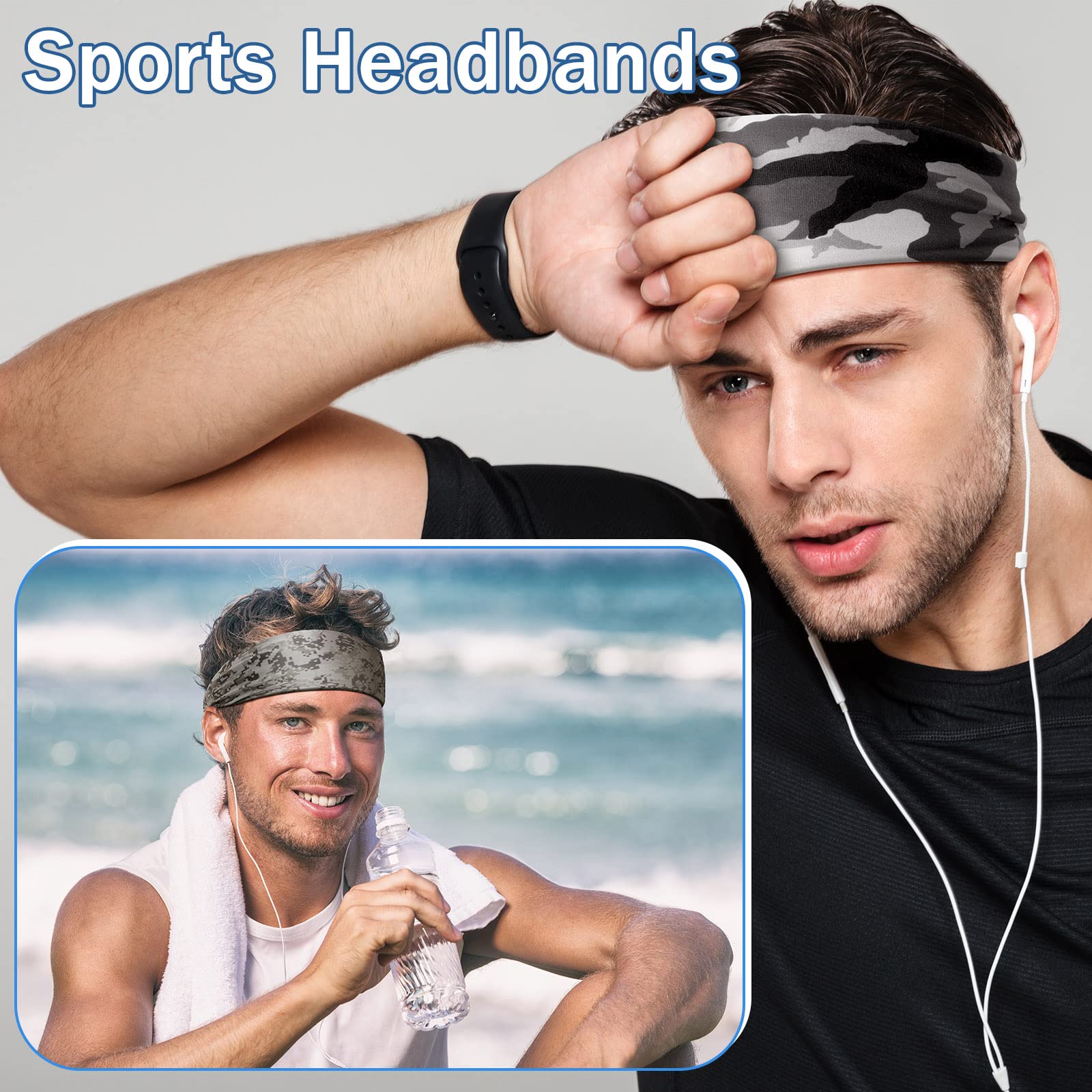 Sweatbands, Workout Sport Headbands for Men Camo Sweat Absorbing Headband Wide Sweatband for Head Basketball Football Cycling Running Yoga, 4.7 x 9.8 Inch (Mixed Style)