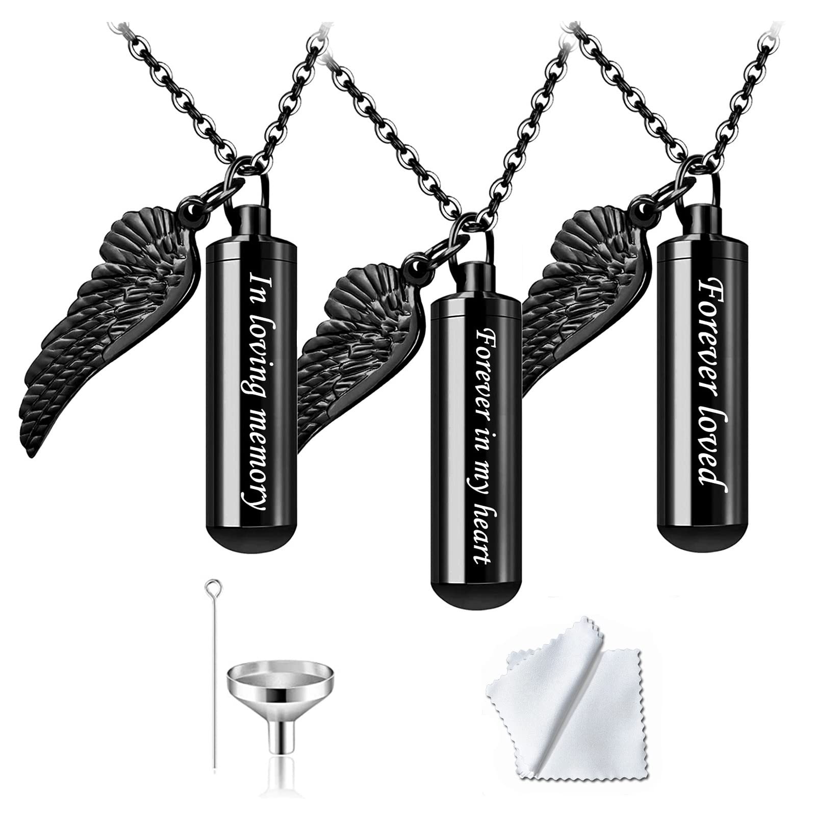 weikui 3 pieces Cylinder Urn Necklace for Ashes Memorial Keepsake Pendant with Angel Wing Stainless Steel Remembrance Cremation Jewelry(3Pcs Black Pendant)