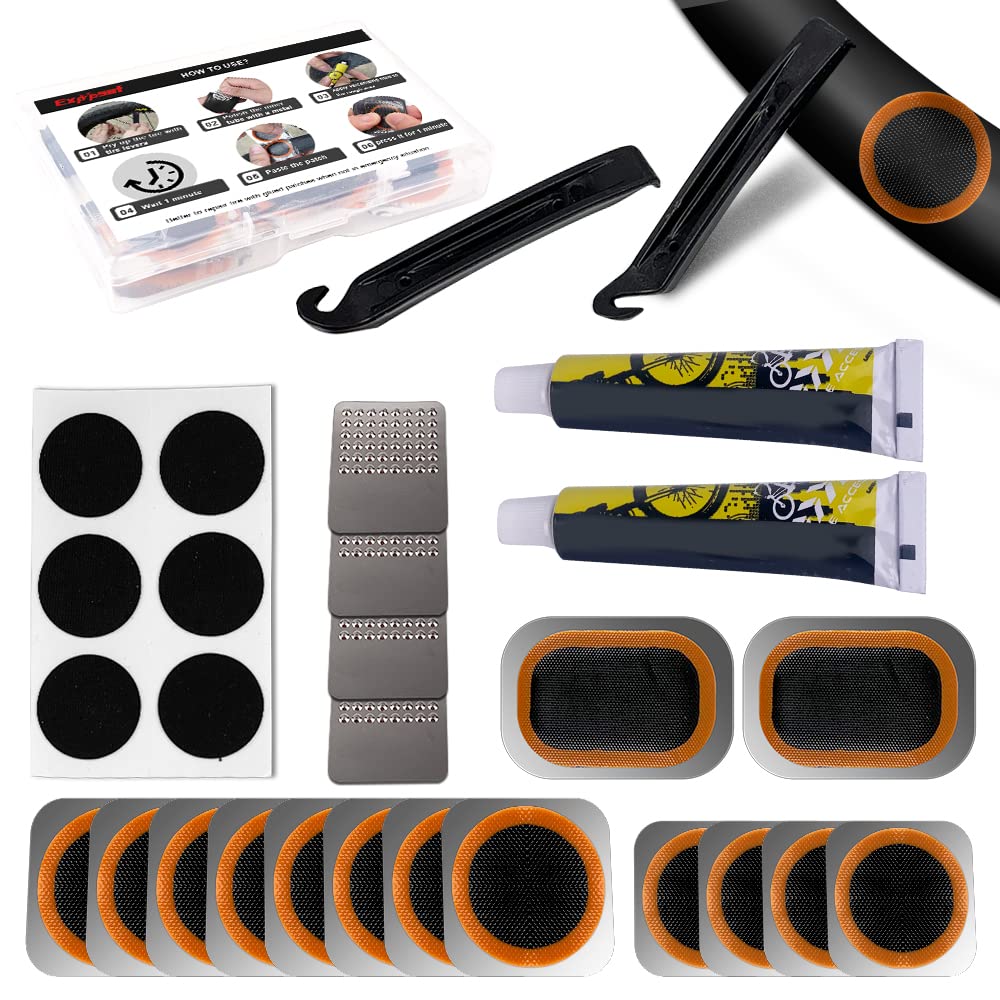 Exppsaf Bike Inner Tire Patch Repair Kit - with 15 PCS Vulcanizing Patches, 6 PCS Pre Glued Patchs, Portable Storage Box, Metal Rasp and Lever - Also for MTB BMX Road Mountain Bicycle Travel