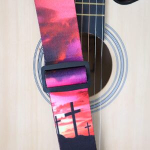 RAUYIVANY Guitar Strap, Sunset Cross Print Pattern with Leather End Guitar Straps, Adjustable Length, with Strap Lock + Button + 3 Picks for Acoustic, Electric, Bass and Classical Guitars