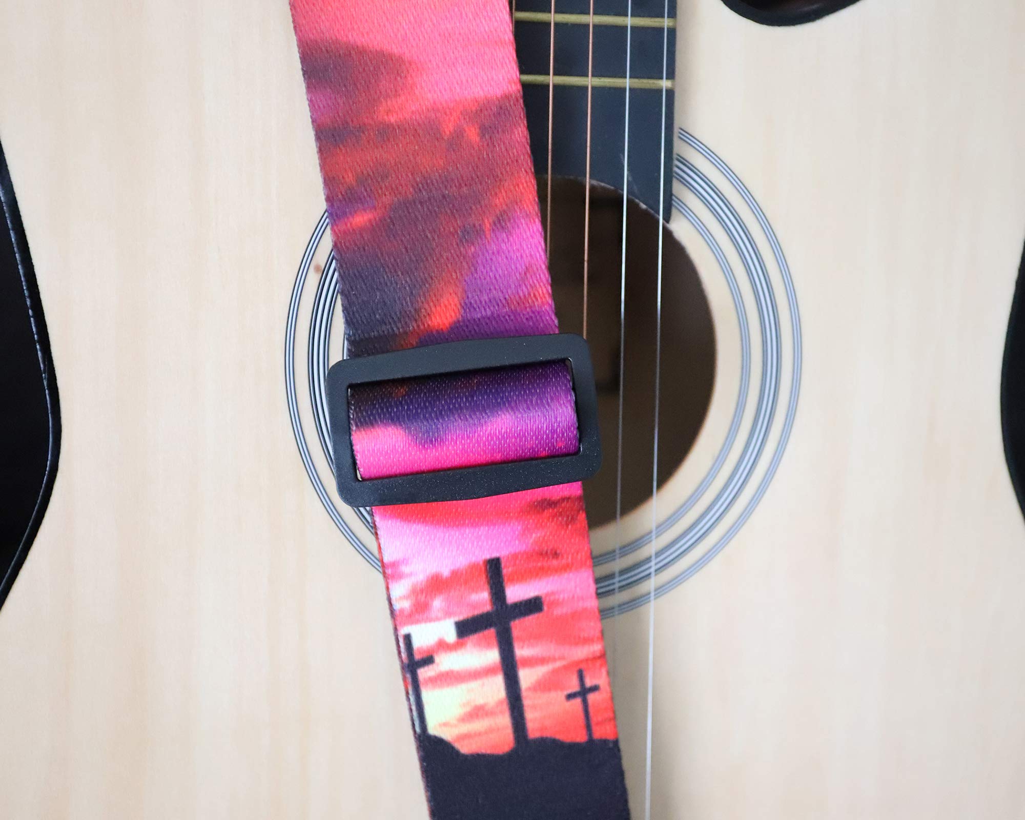 RAUYIVANY Guitar Strap, Sunset Cross Print Pattern with Leather End Guitar Straps, Adjustable Length, with Strap Lock + Button + 3 Picks for Acoustic, Electric, Bass and Classical Guitars