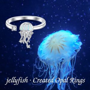 WINNICACA Jellyfish Gifts for Women Sterling Silver Jellyfish Rings for Women Jellyfish Jewelry Created Opal Rings Cute Animal Rings for Women Adjustable Ocean Ring