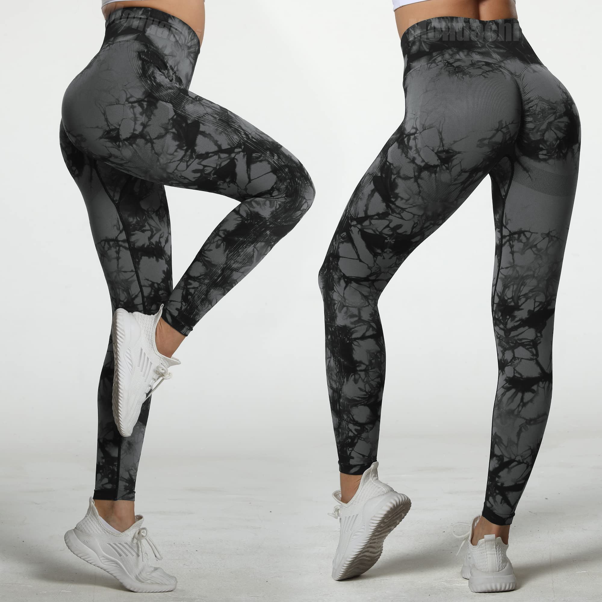 MOHUACHI Tie Dye Seamless Leggings for Women High Waist Yoga Pants, Scrunch Butt Lifting Workout Tights (Tie Dye Black Gray, Small)