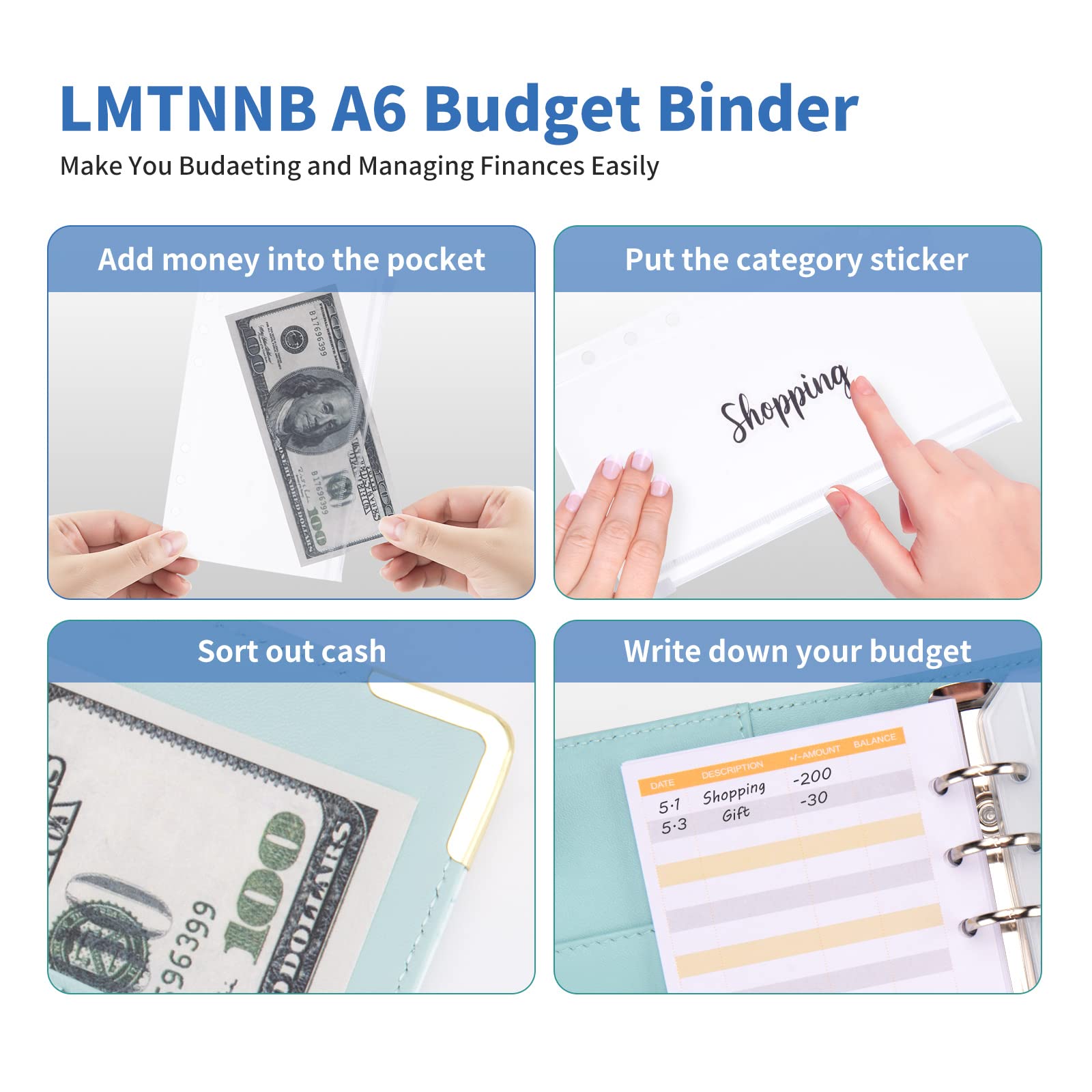 Budget Binder, A6 Marble PU Leather Binder, Money Saving Organizer/ Planner with 8 Zipper Cash Envelopes, 12 Expense Budget Sheets & 2 Letter Label Sticker for Budgeting