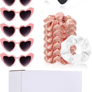 Flutesan 7 Bachelorette Sunglasses Heart Shaped 7 Satin Bridesmaid Scrunchies Party Favors Hair Ties for Women Wedding Bridal Shower Gifts Proposal (Rose Gold)