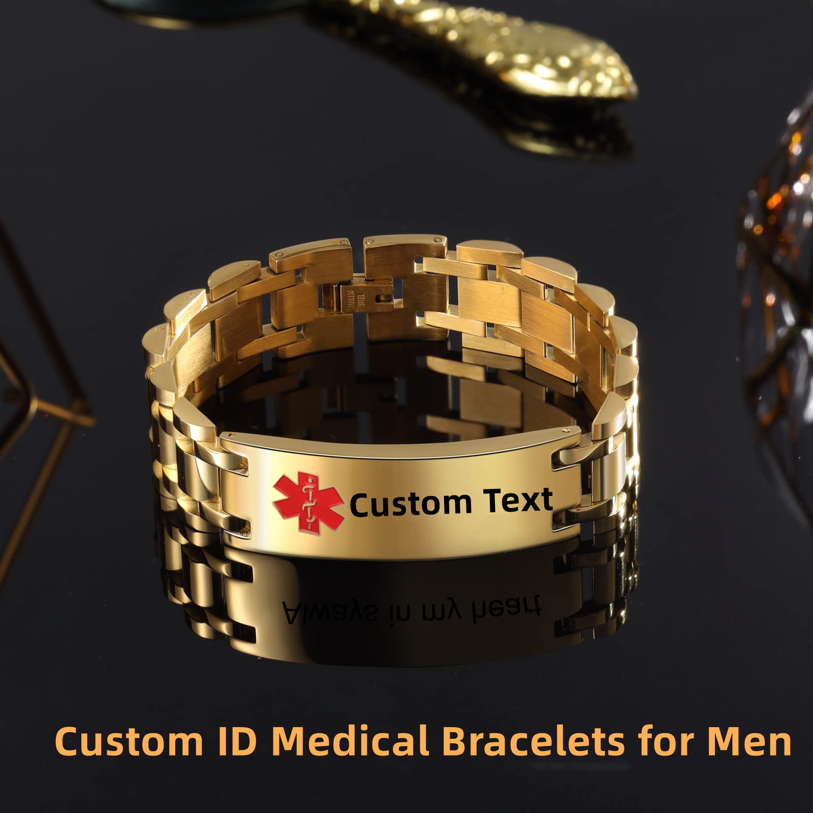 Nameinhea Custom Medical Alert Bracelets for Women Men Free Engraved Adjustable Stainless Steel Waterproof Emergency Medical ID Bracelets Allergy Wristband