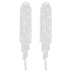 Yolev Long Tassel Earrings Crystal Chandelier Earring Bohemian Rhinestone Fringe Chain Earring Bridal Jewellery Silver Tassel Drop Dangle Earrings Crystal Statement Dangle Earrings