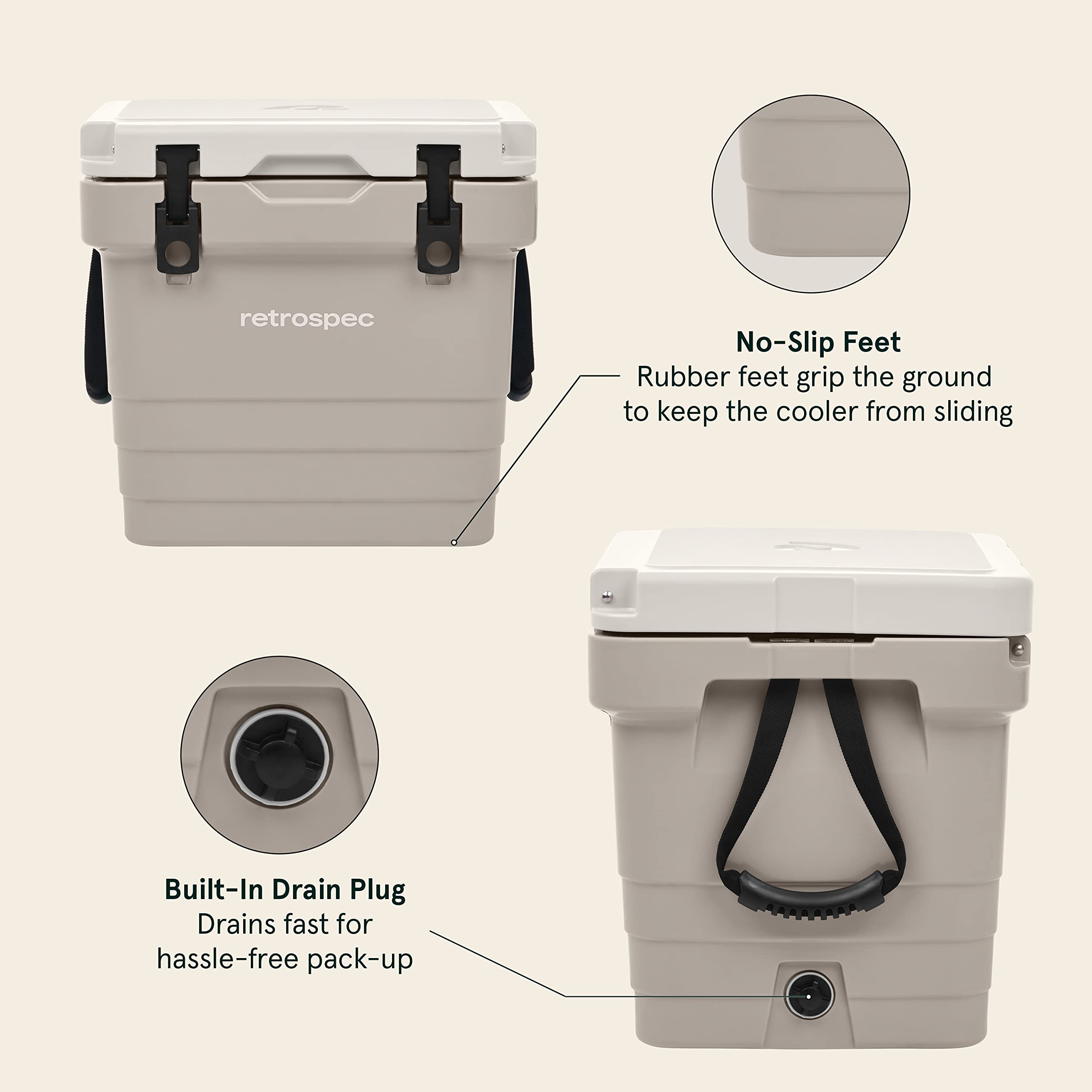 Retrospec Palisade Rotomolded 25 Qt Cooler - Fully Insulated Portable Ice Chest with Built in Bottle Opener, Tie-Down Slots & Dry Goods Basket - Large Beach, Camping & Travel Coolers - Dune