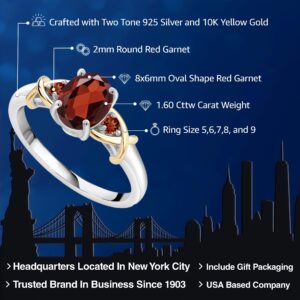 Gem Stone King 925 Sterling Silver and 10K Yellow Gold Red Garnet Ring For Women (1.60 Cttw, Oval 8X6MM, Gemstone Birthstone, Available In Size 5, 6, 7, 8, 9)