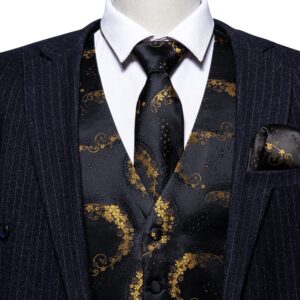 Barry.Wang Mens Suit Vest Gold Flower Silk Jacquard Waistcot Ties Set Formal/Leisure 5PCS