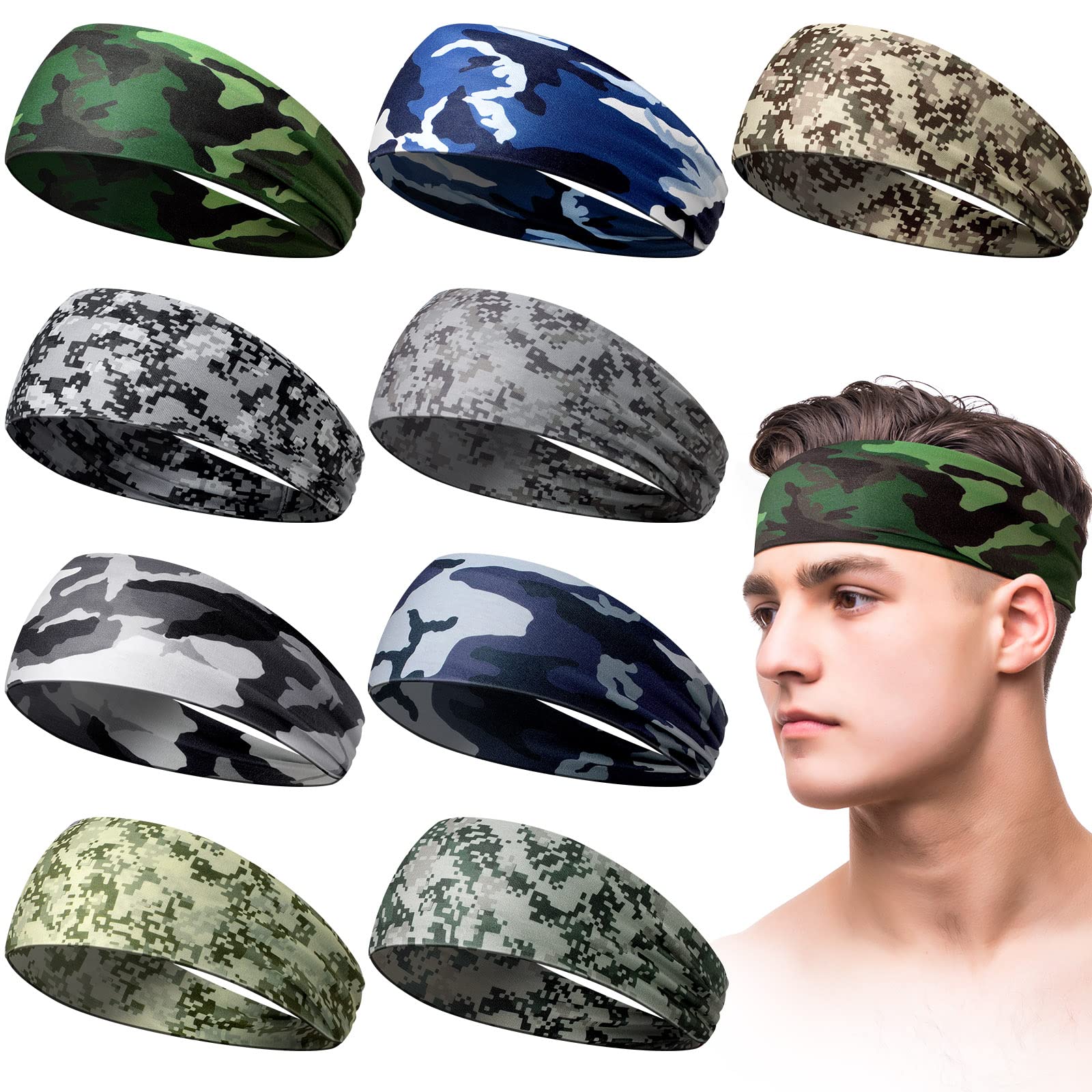 Sweatbands, Workout Sport Headbands for Men Camo Sweat Absorbing Headband Wide Sweatband for Head Basketball Football Cycling Running Yoga, 4.7 x 9.8 Inch (Mixed Style)