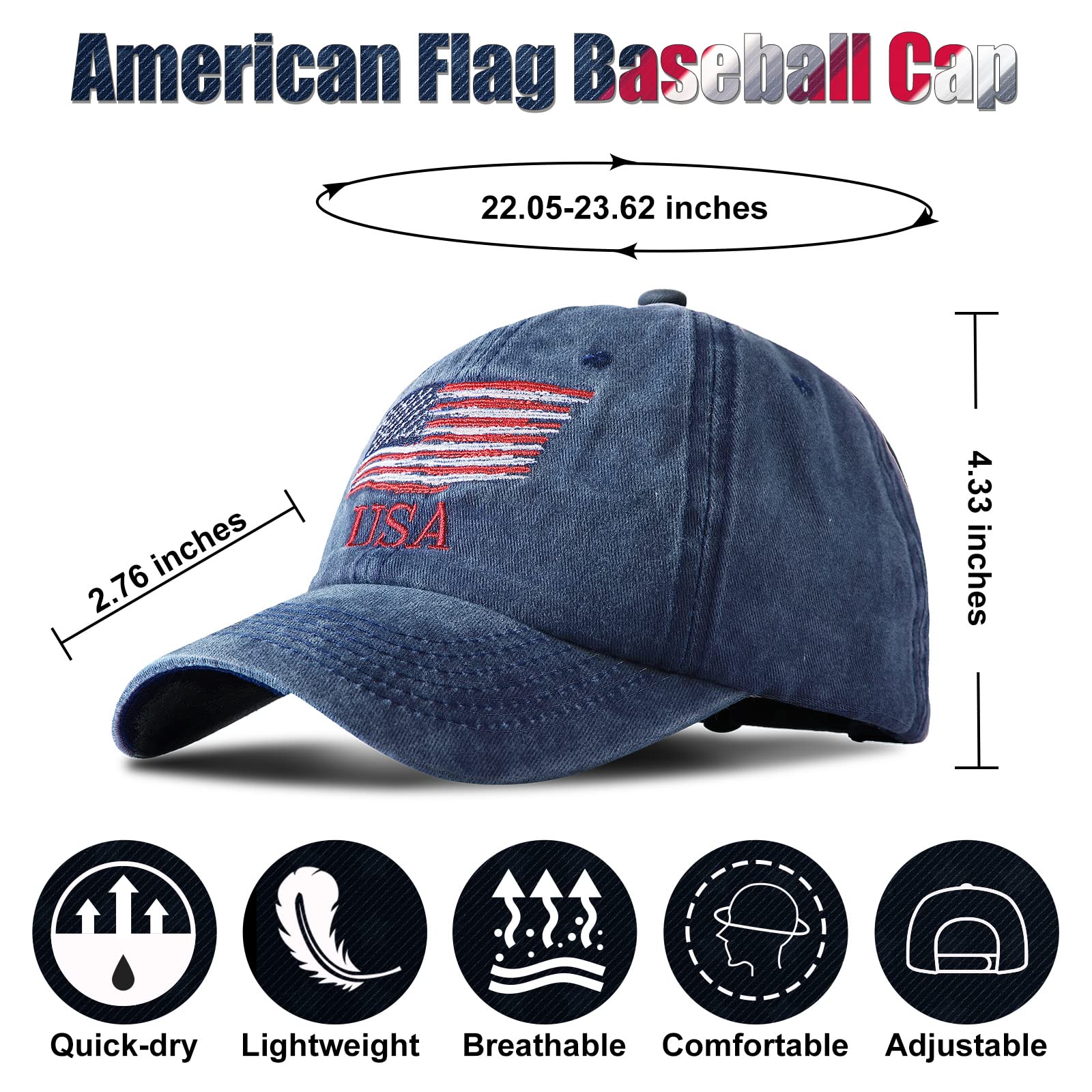 USA Flag Hat American Flag Baseball Cap USA Tactical Hat Washed Distressed Hats for Men Women Teens (Navy, Black, Gray,3 Pcs)