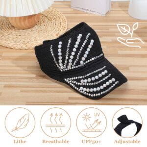 2 Pieces Studded Rhinestone Crystals Ponytail Hat Bling Mesh Baseball Caps Studded Rhinestone Black and White Adjustable Visors Sport Golf Sun Visor Open Top Beach Visor for Women Men Summer Outdoor