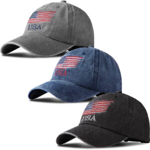 USA Flag Hat American Flag Baseball Cap USA Tactical Hat Washed Distressed Hats for Men Women Teens (Navy, Black, Gray,3 Pcs)