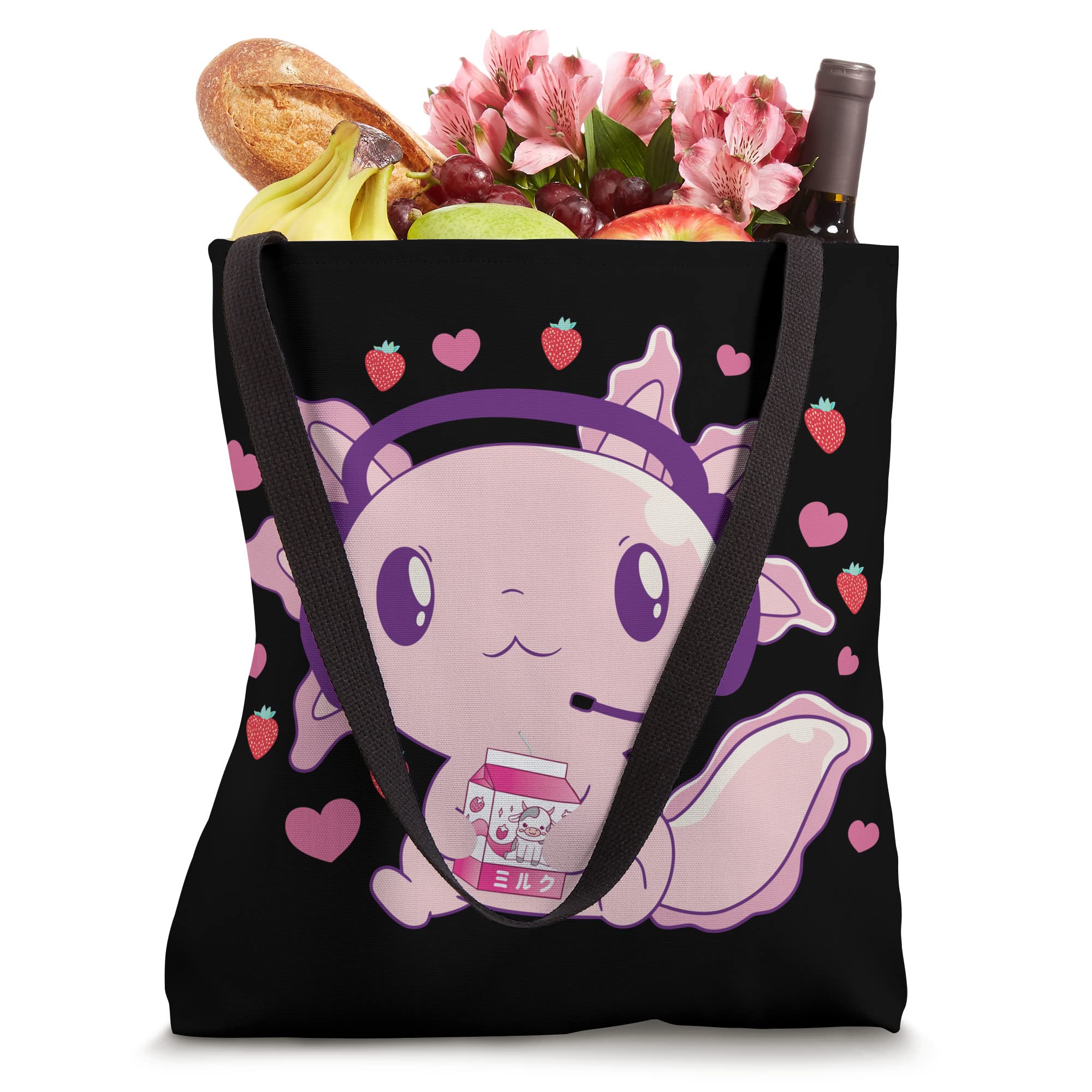 Strawberry Milk Kawaii Axolotl Japanese Shake Retro 90s Tote Bag