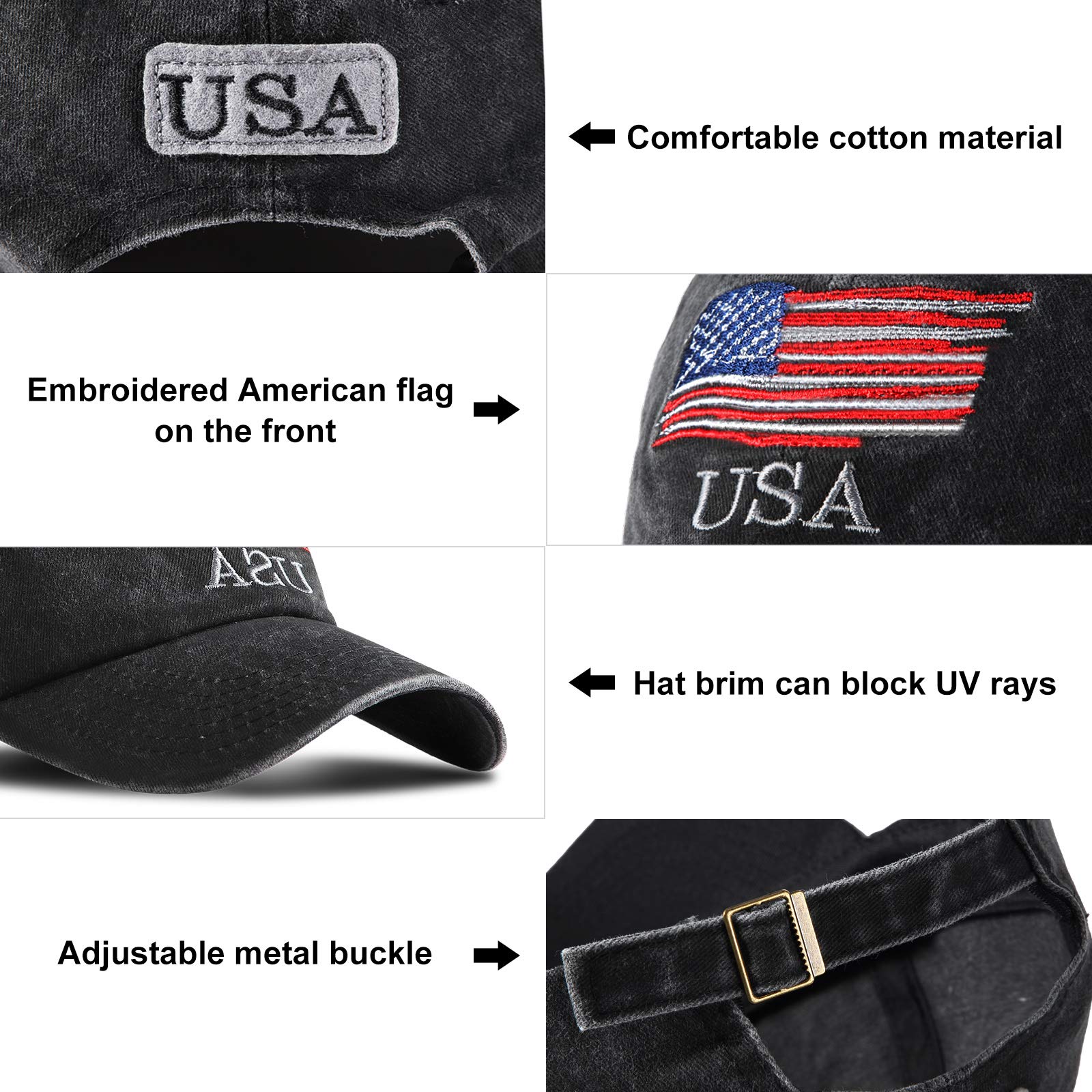 USA Flag Hat American Flag Baseball Cap USA Tactical Hat Washed Distressed Hats for Men Women Teens (Navy, Black, Gray,3 Pcs)