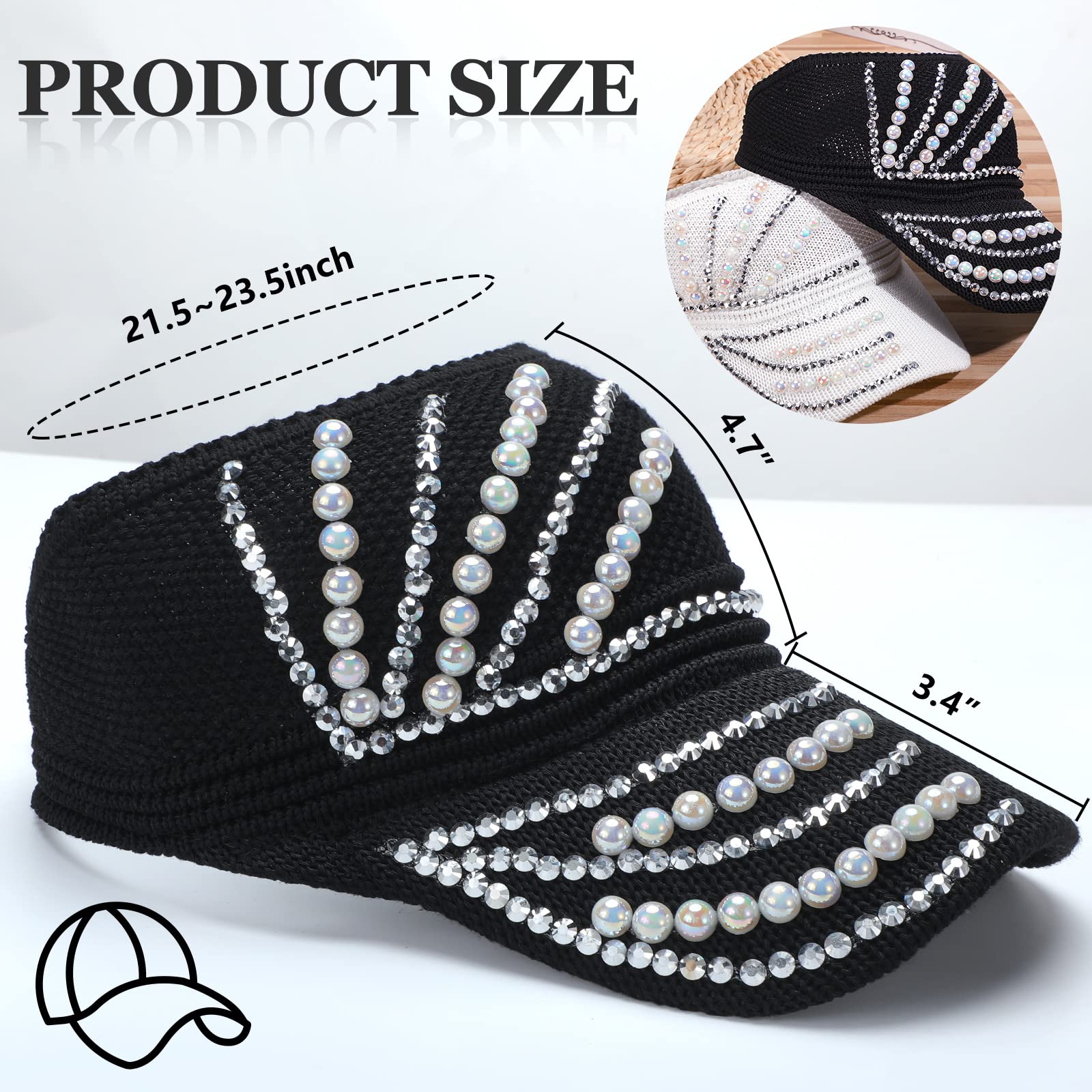 2 Pieces Studded Rhinestone Crystals Ponytail Hat Bling Mesh Baseball Caps Studded Rhinestone Black and White Adjustable Visors Sport Golf Sun Visor Open Top Beach Visor for Women Men Summer Outdoor