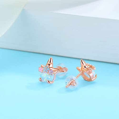 Hypoallergenic Unicorn Stud Earrings for Women 925 Sterling Silver Rose Gold Unicorn Opal Earring Studs for Sensitive Ears Unicorn Gifts.