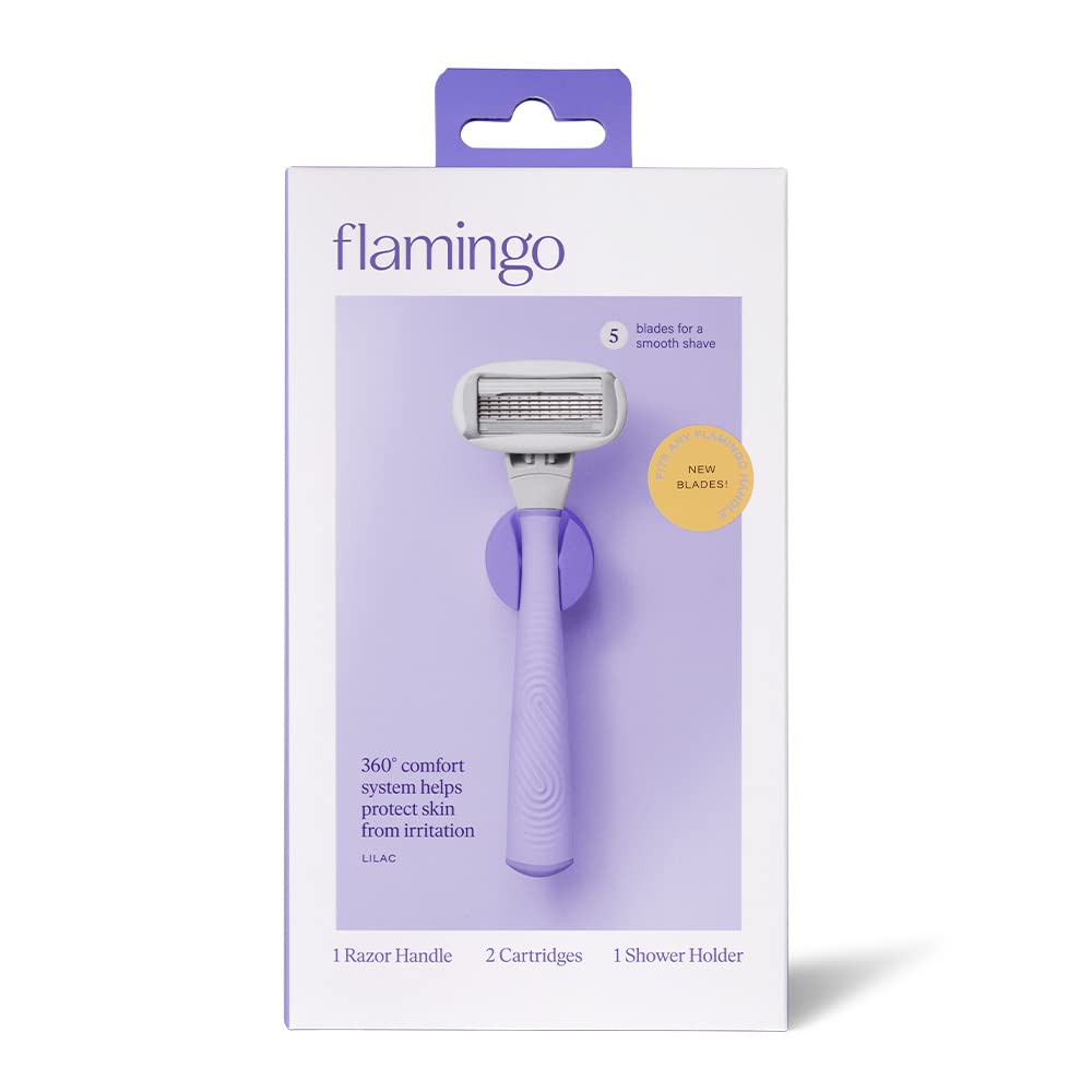 Flamingo Women's 5 Blade Razor: Lilac Razor Handle with Shower Holder + 2 Razor Blade Refills, 3 Piece Set