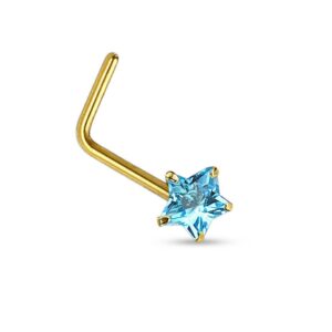 14 karat 14k solid yellow gold prong set star cz l bend nose stud ring 20g 1/4" - aqua