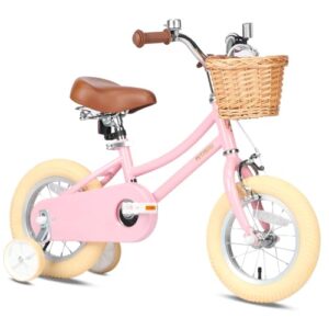 petimini 14 inch little kids bike for age 3 4 5 years old girls retro vintage style bicycles with basket training wheels and bell, pink