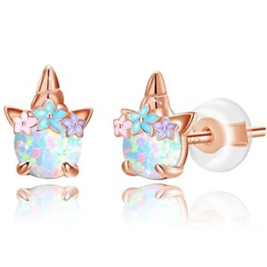 hypoallergenic unicorn stud earrings for women 925 sterling silver rose gold unicorn opal earring studs for sensitive ears unicorn gifts.