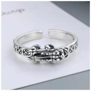 JUNTEN Sterling Silver Feng Shui Pixiu Rings for Men Women Good Lucky Wealth Ring Open Adjustable Ring