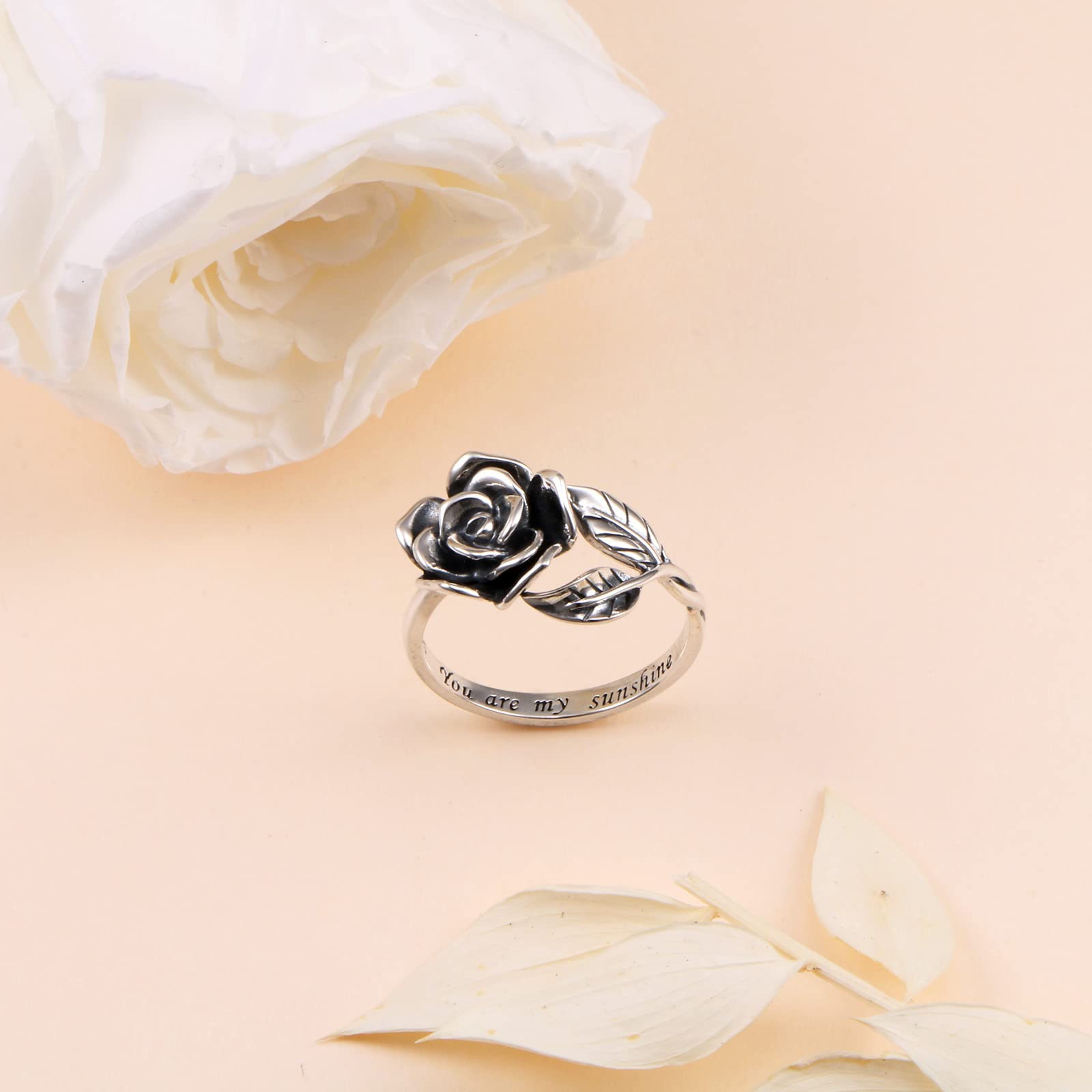 Rose Flower Ring for Women S925 Sterling Silver Adjustable Wrap Open Promise Anniversary Ring Jewelry You Are My Sunshine Gift