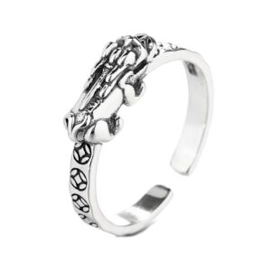 JUNTEN Sterling Silver Feng Shui Pixiu Rings for Men Women Good Lucky Wealth Ring Open Adjustable Ring