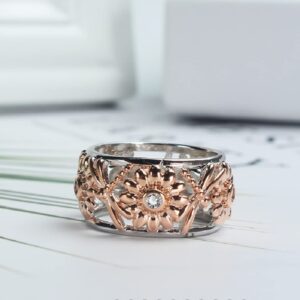 ZDIFDIC Elegant Rose Gold Silver Ring Sunflower Dragonfly Daisy Hollow Two-Tone Shiny Cubic Zirconia Sun Flower Ring Women Wedding Engagement Jewelry Gift Comfort Band (9#)