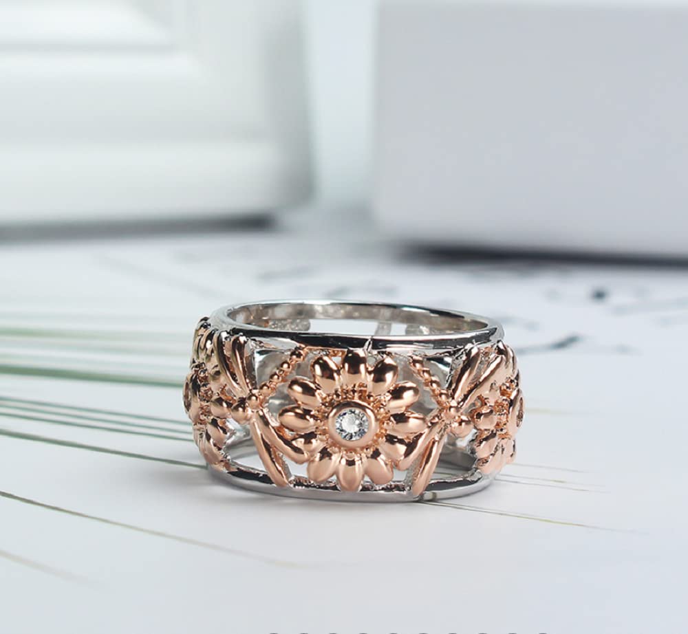 ZDIFDIC Elegant Rose Gold Silver Ring Sunflower Dragonfly Daisy Hollow Two-Tone Shiny Cubic Zirconia Sun Flower Ring Women Wedding Engagement Jewelry Gift Comfort Band (9#)