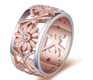 zdifdic elegant rose gold silver ring sunflower dragonfly daisy hollow two-tone shiny cubic zirconia sun flower ring women wedding engagement jewelry gift comfort band (9#)