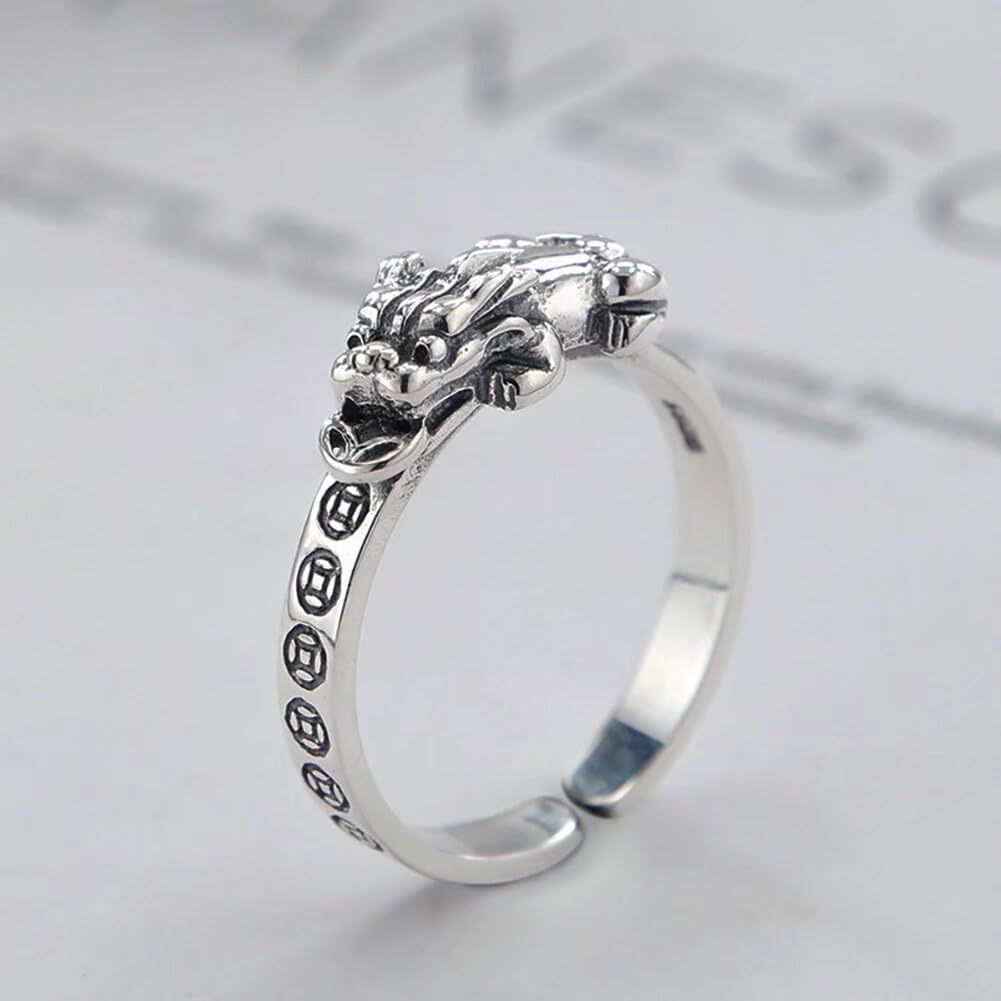 JUNTEN Sterling Silver Feng Shui Pixiu Rings for Men Women Good Lucky Wealth Ring Open Adjustable Ring