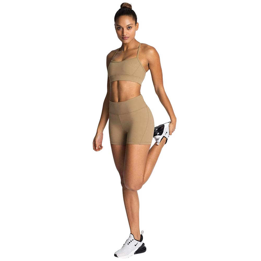 Women Yoga Outfit Seamless 2 Piece Workout Gym Sleeveless Spaghetti Strap Criss Cross Crop Top with High Waist Boxer Shorts Tummy Control Tracksuit Activewear Athletic Fintess Clothes Khaki X-Small