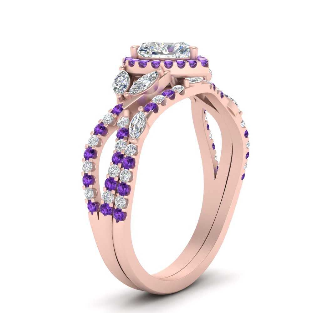 CaratYogi Heart Halo Bridal Ring Set 14k Rose Gold Plated Natural Amethyst Heart Shape Purple Color Wedding Ring Sets Pave Setting in Size 6 for Women