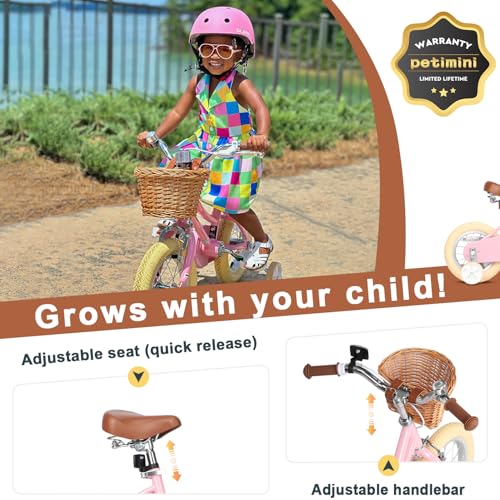 Petimini 12 Inch Kids Bike for Age 2 3 4 Years Old Little Girls Toddlers Retro Vintage Style Bicycles with Basket Training Wheels and Bell, Pink