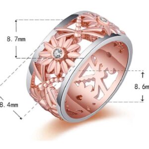 ZDIFDIC Elegant Rose Gold Silver Ring Sunflower Dragonfly Daisy Hollow Two-Tone Shiny Cubic Zirconia Sun Flower Ring Women Wedding Engagement Jewelry Gift Comfort Band (9#)