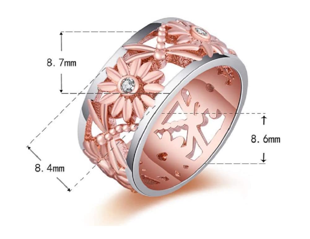 ZDIFDIC Elegant Rose Gold Silver Ring Sunflower Dragonfly Daisy Hollow Two-Tone Shiny Cubic Zirconia Sun Flower Ring Women Wedding Engagement Jewelry Gift Comfort Band (9#)