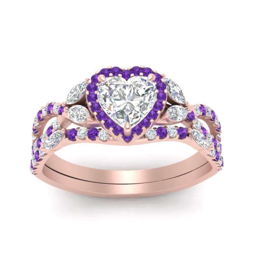 CaratYogi Heart Halo Bridal Ring Set 14k Rose Gold Plated Natural Amethyst Heart Shape Purple Color Wedding Ring Sets Pave Setting in Size 6 for Women