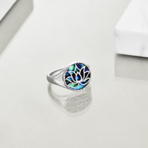 TIGER RIDER Lotus Flower Yoga Band Ring 925 Sterling Silver Ring with Abalone Shell, Size 7 8 9(9)