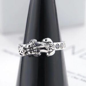 JUNTEN Sterling Silver Feng Shui Pixiu Rings for Men Women Good Lucky Wealth Ring Open Adjustable Ring