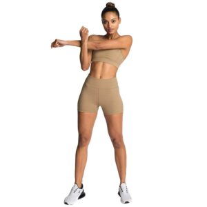 Women Yoga Outfit Seamless 2 Piece Workout Gym Sleeveless Spaghetti Strap Criss Cross Crop Top with High Waist Boxer Shorts Tummy Control Tracksuit Activewear Athletic Fintess Clothes Khaki X-Small