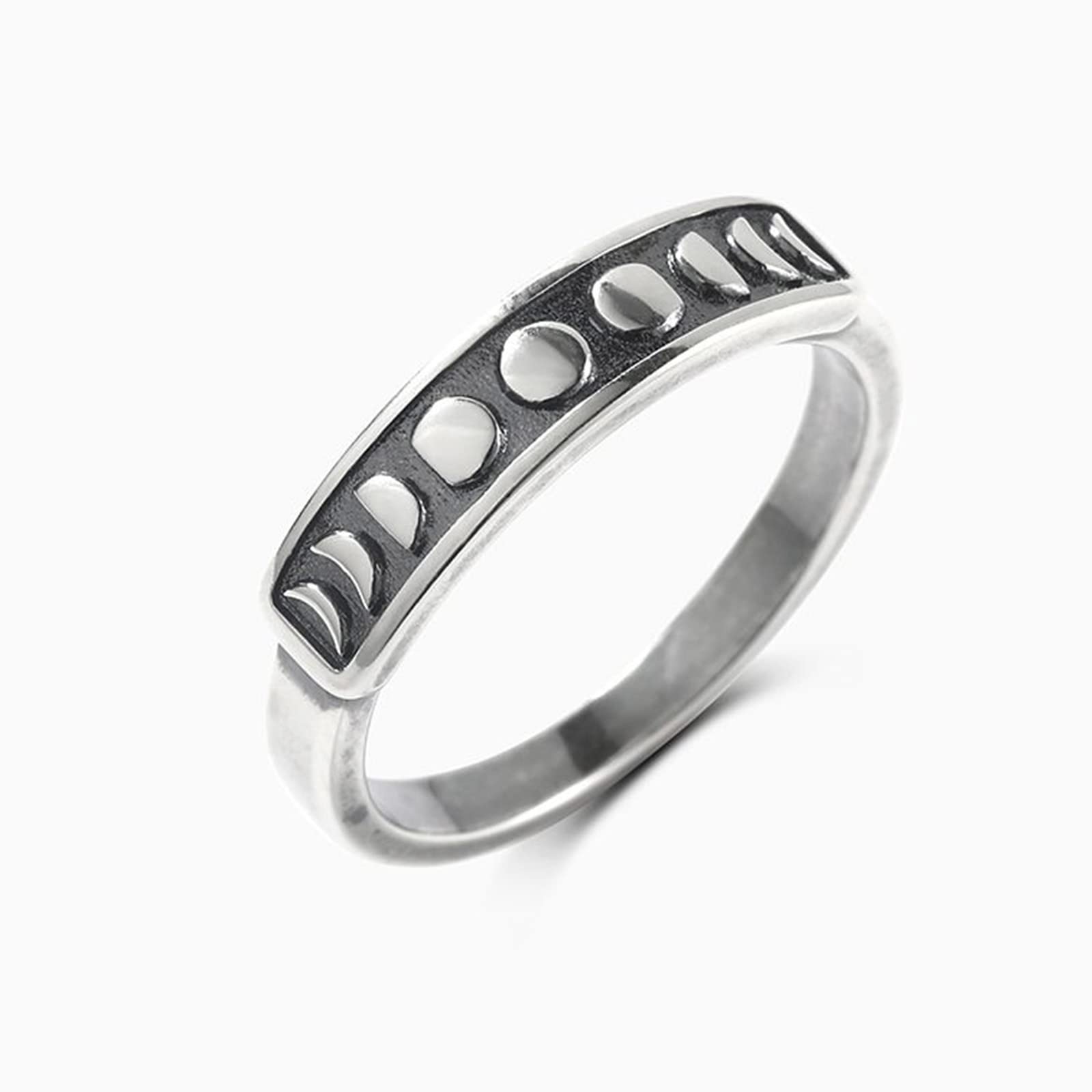 Jeulia Gothic Black Band For Men Women Moon Phase Ring Silver Punk Ring Jewelry Vintage Cool Nature Ring For Teen boys Engagement Band with Jewelry Gift Box (Moon Phase, 8.5)