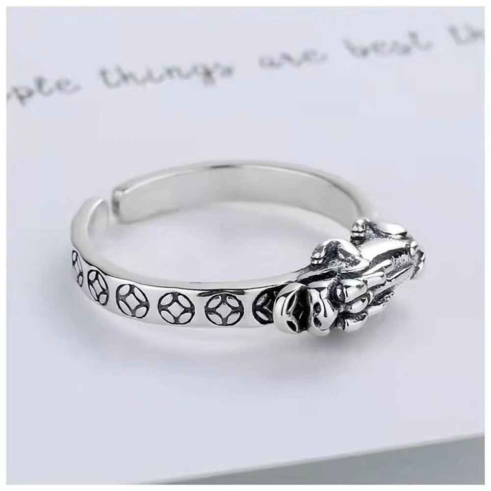 JUNTEN Sterling Silver Feng Shui Pixiu Rings for Men Women Good Lucky Wealth Ring Open Adjustable Ring