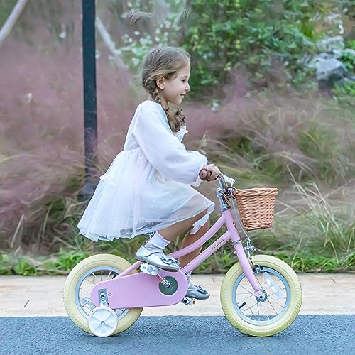 Petimini 12 Inch Kids Bike for Age 2 3 4 Years Old Little Girls Toddlers Retro Vintage Style Bicycles with Basket Training Wheels and Bell, Pink