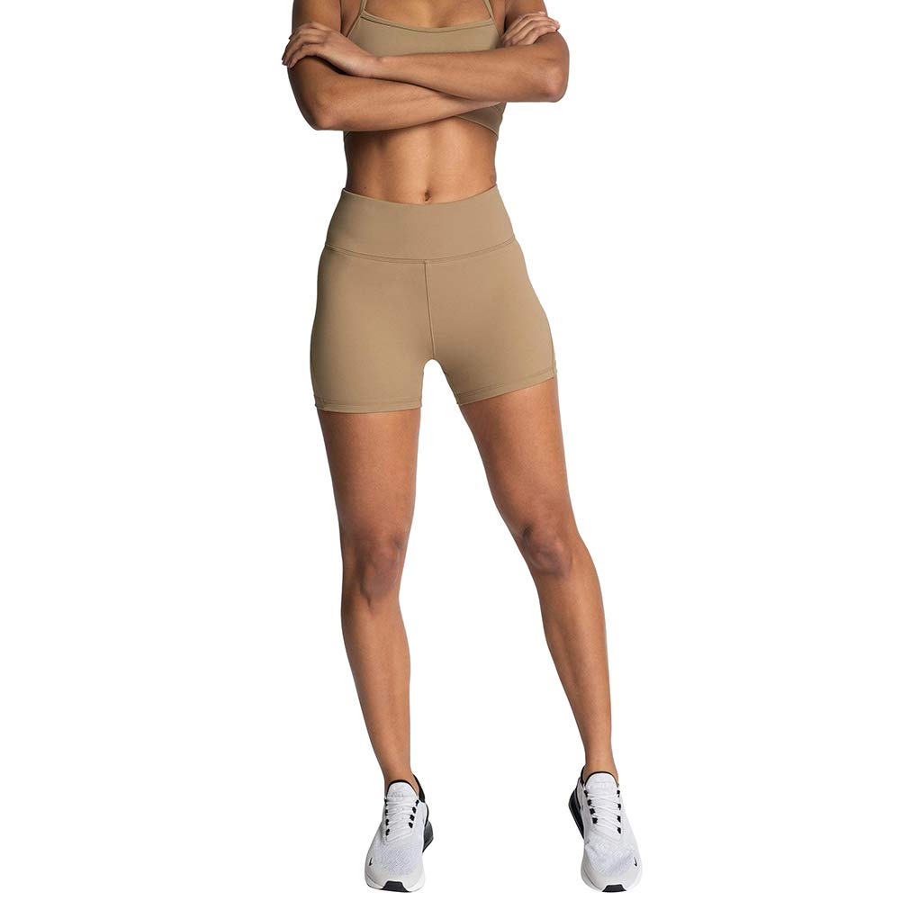 Women Yoga Outfit Seamless 2 Piece Workout Gym Sleeveless Spaghetti Strap Criss Cross Crop Top with High Waist Boxer Shorts Tummy Control Tracksuit Activewear Athletic Fintess Clothes Khaki X-Small