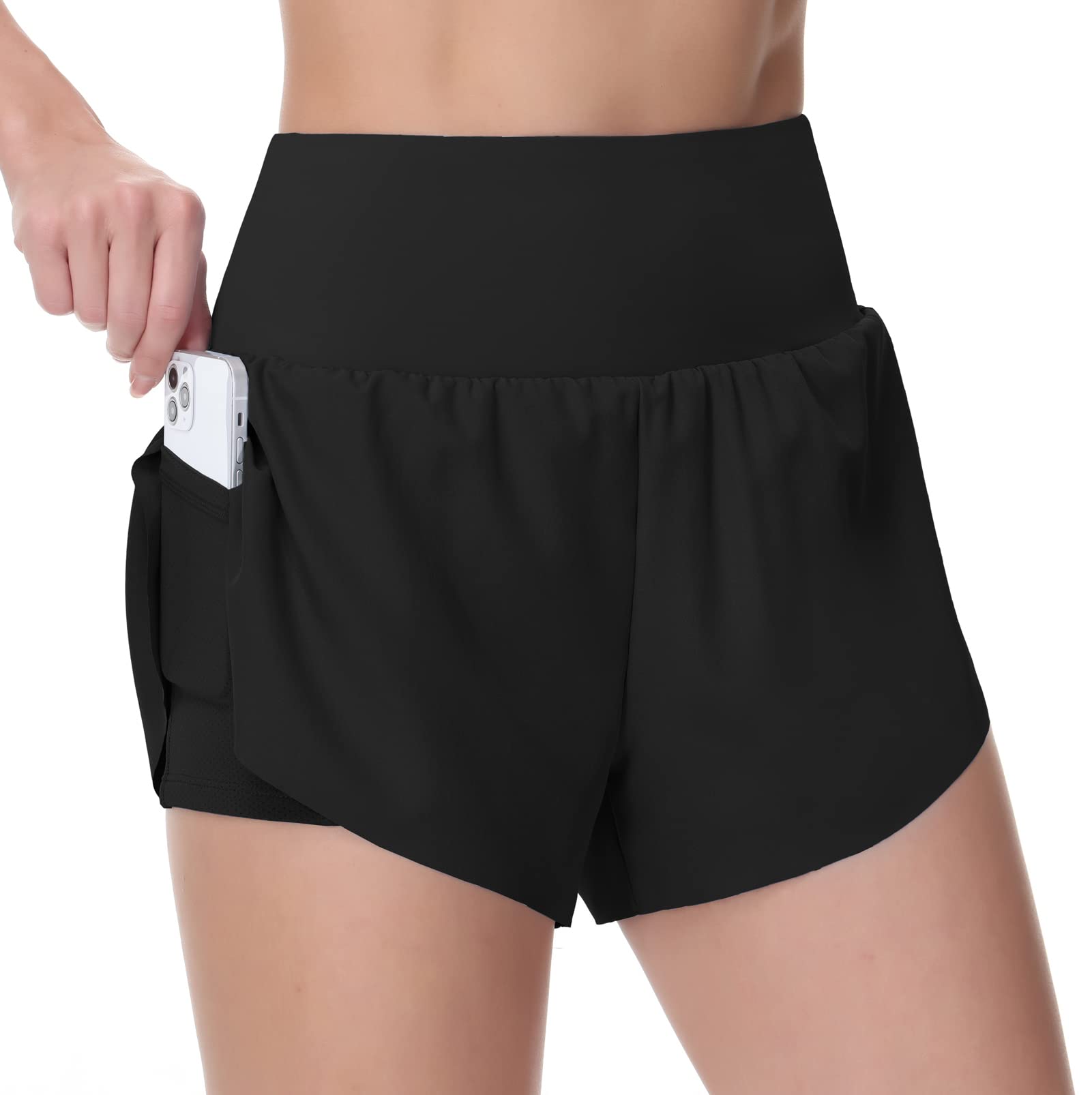 THE GYM PEOPLE Women’s Quick Dry Running Shorts Mesh Liner High Waisted Tennis Workout Shorts Zipper Pockets (Medium, Black)