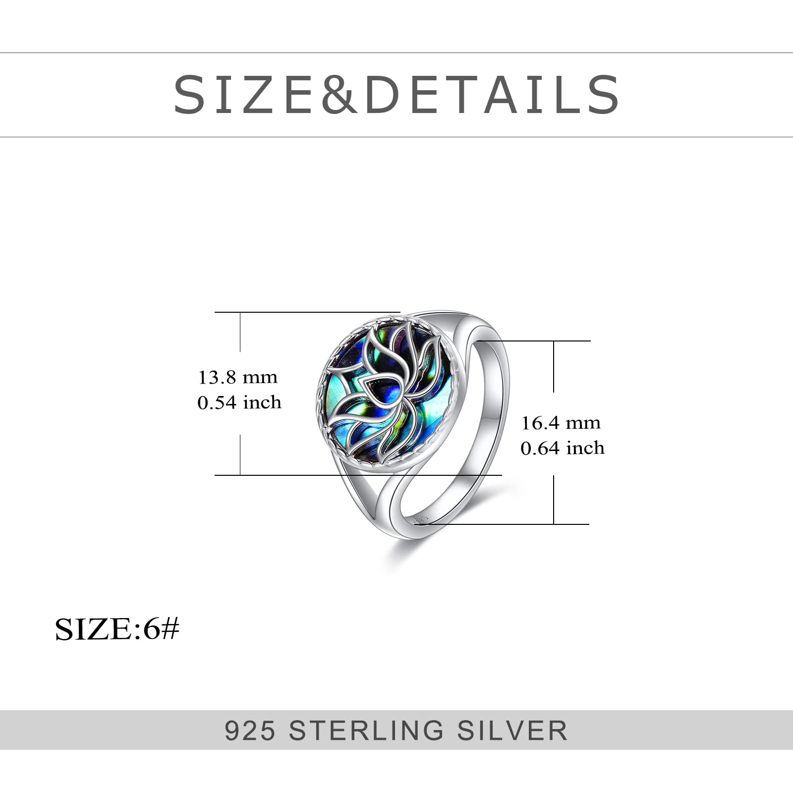 TIGER RIDER Lotus Flower Yoga Band Ring 925 Sterling Silver Ring with Abalone Shell, Size 7 8 9(9)