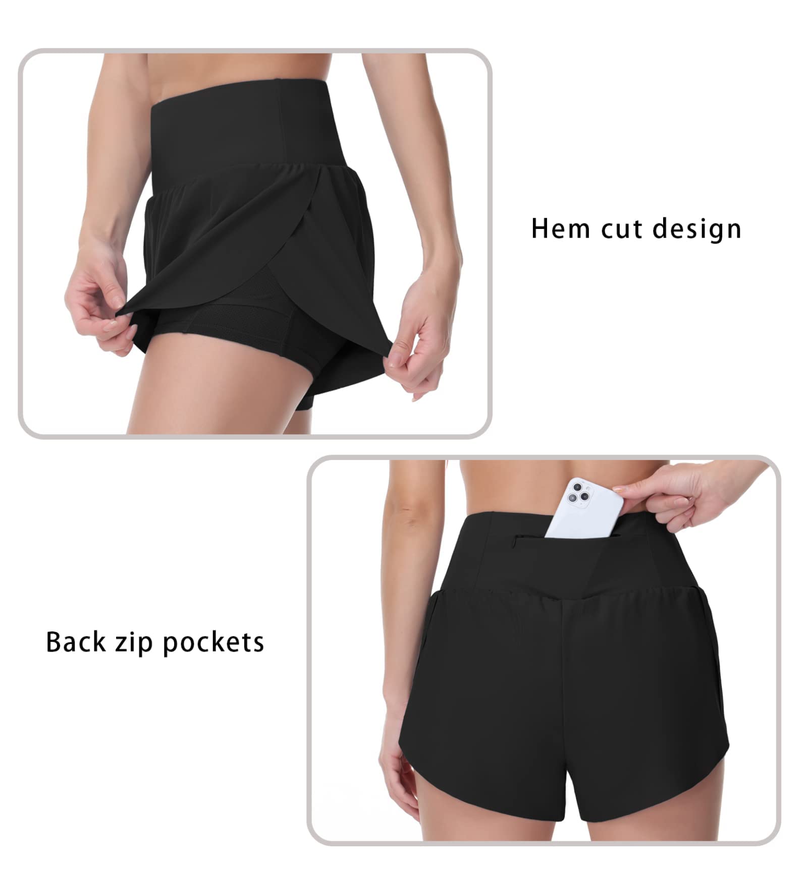 THE GYM PEOPLE Women’s Quick Dry Running Shorts Mesh Liner High Waisted Tennis Workout Shorts Zipper Pockets (Medium, Black)