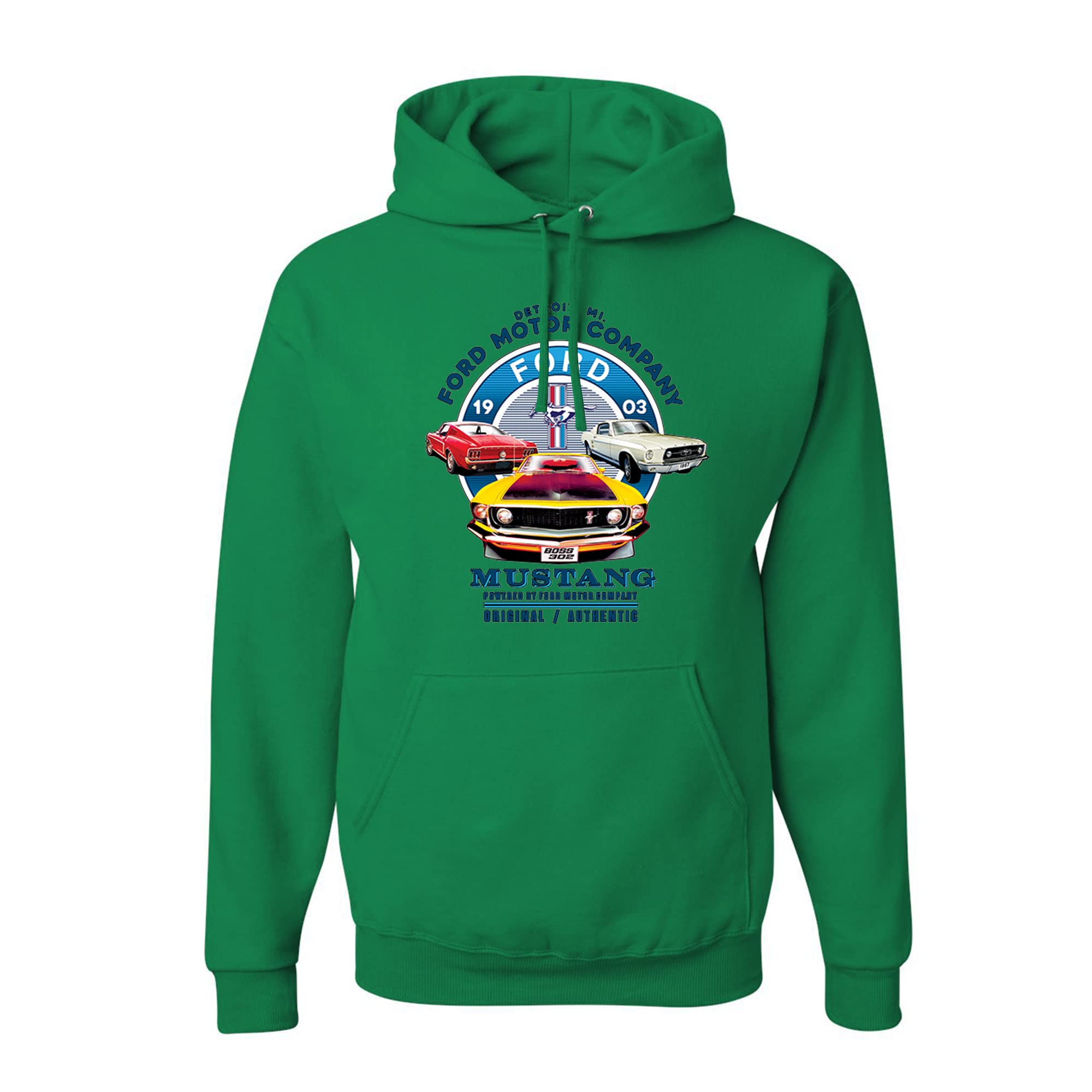 wild custom apparel Ford Mustang 1903 Trio Detroit Motor Company Licensed Official Mens Hoodies, Kelly Green, 2XL